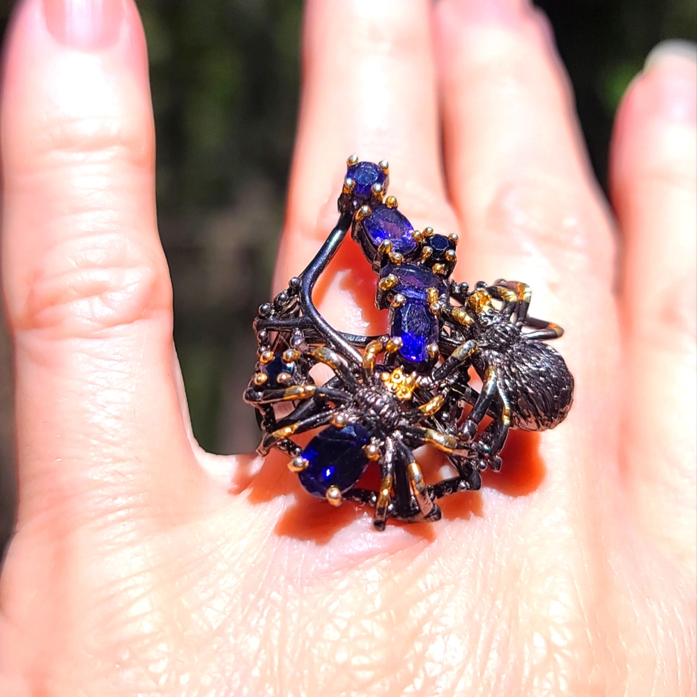 Sapphire & Lolite Sterling & Gold 🕷 spider ring sz6.75